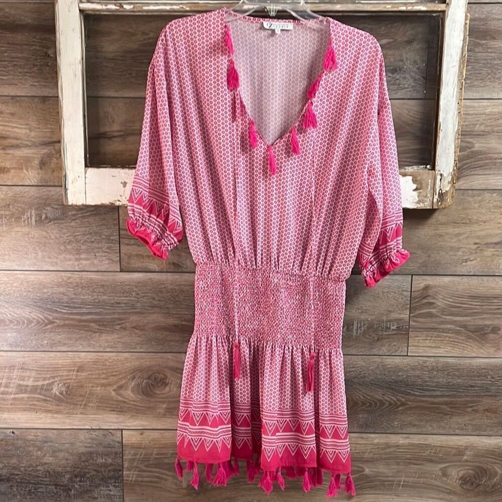 CZ COLLECTION BY CEZELE Womens Tassel Boho Dress Swimcover Sz Small Pink White - Picture 2 of 12